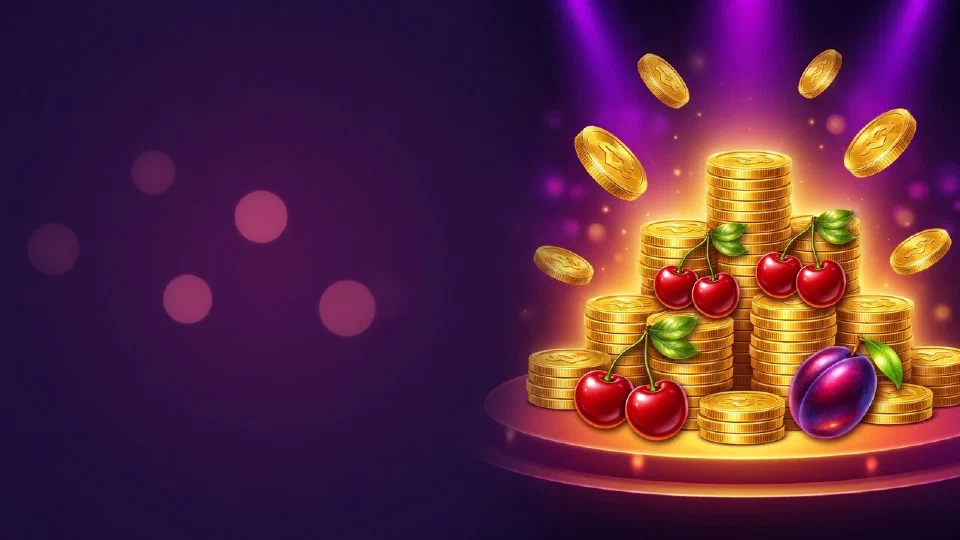 Glowing stacks of gold coins with cherries and a plum on a deep violet background