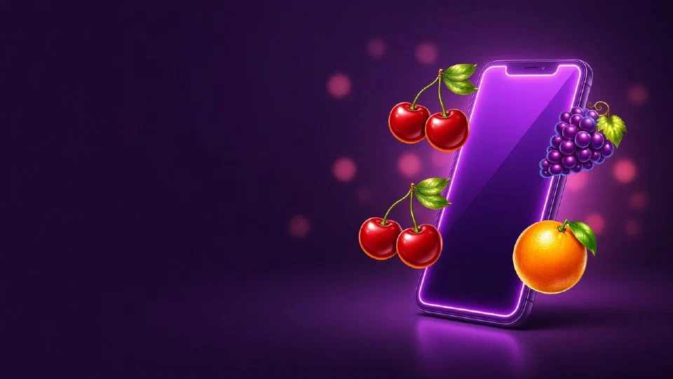 Hit Hot Fruit mobile art: a phone with spinning fruit reels and gold stars