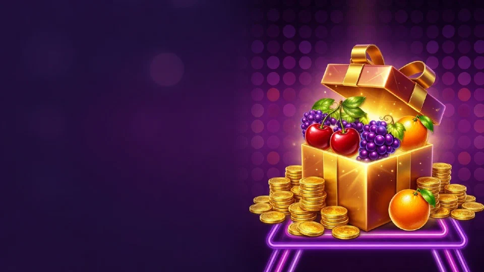 Hit Hot Fruit welcome art: a gift box of fruit and gold coins under a 500% sign