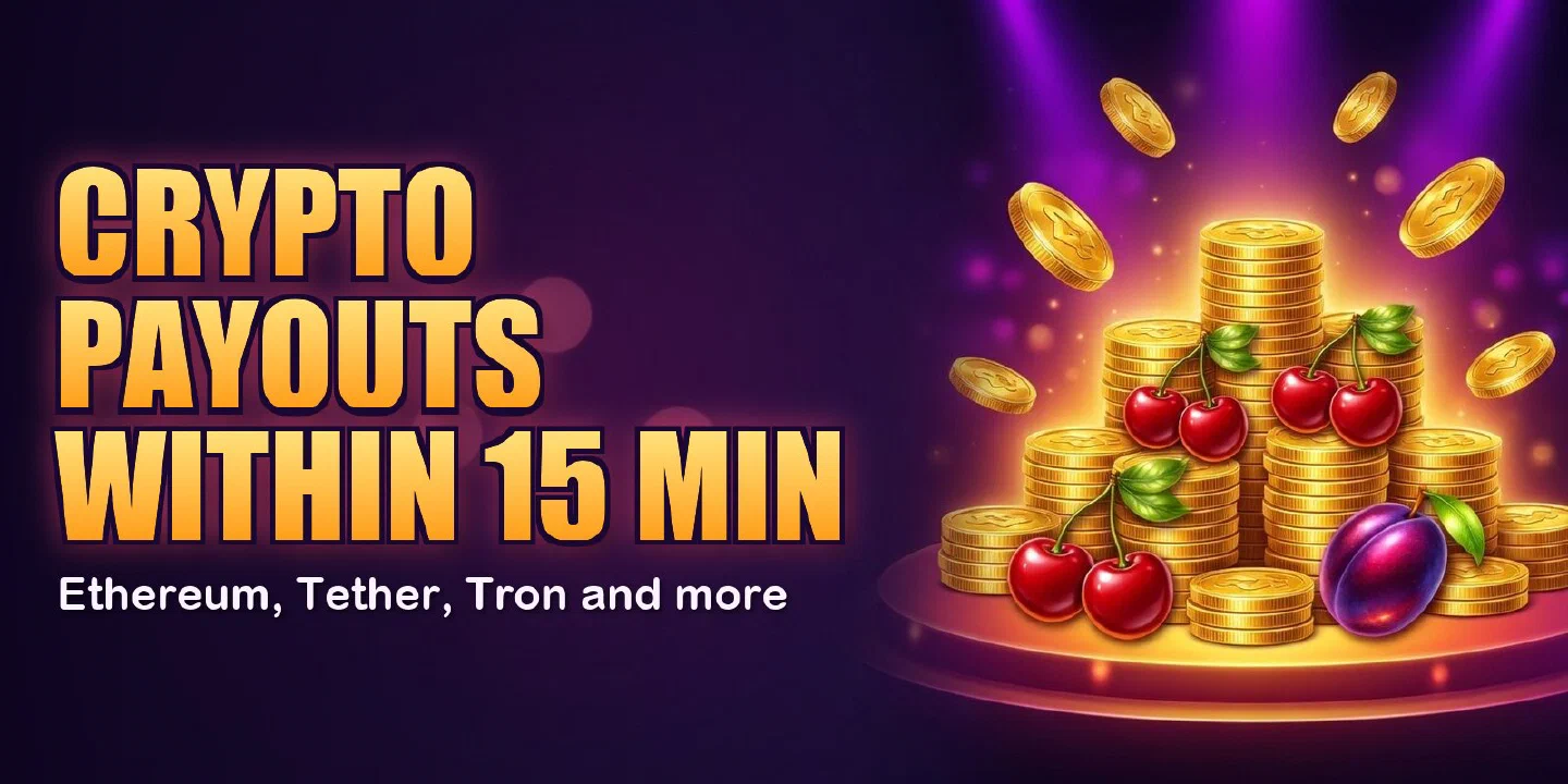 Banner reading crypto payouts within 15 minutes, with Tether among the coins