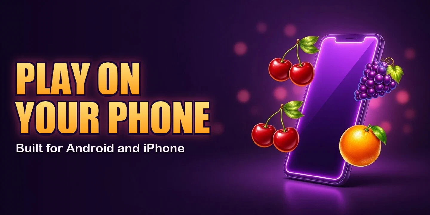 Hit Hot Fruit mobile banner: the fruit reels on a smartphone screen for Android and iPhone players