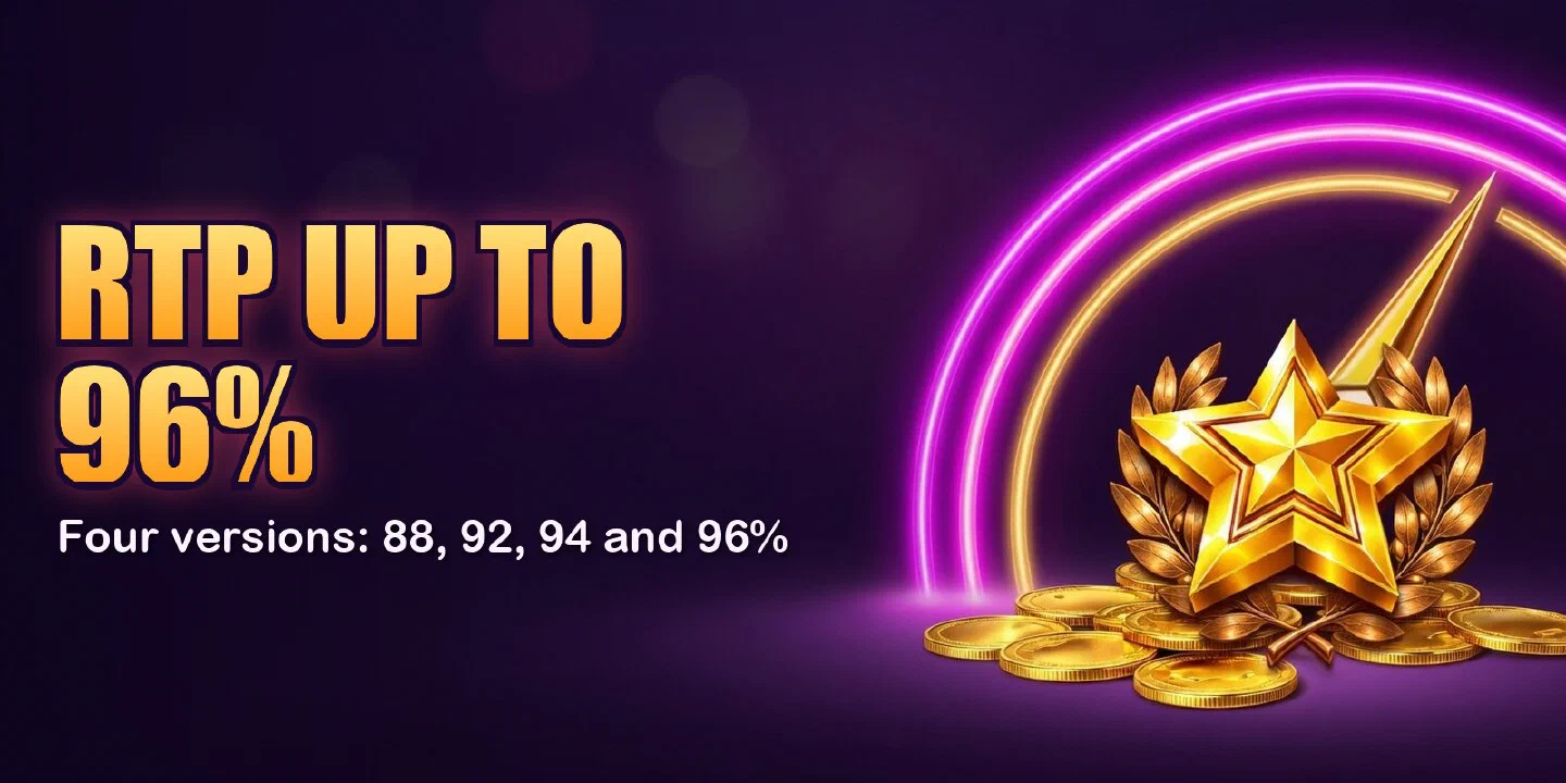 RTP up to 96%, four versions: 88, 92, 94 and 96% shown on a fruit-slot gauge