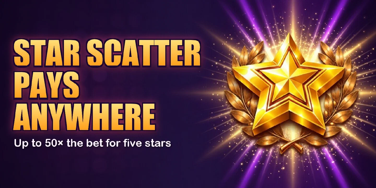 Star Scatter pays anywhere, up to 50× the bet for five stars: gold stars in laurel wreaths