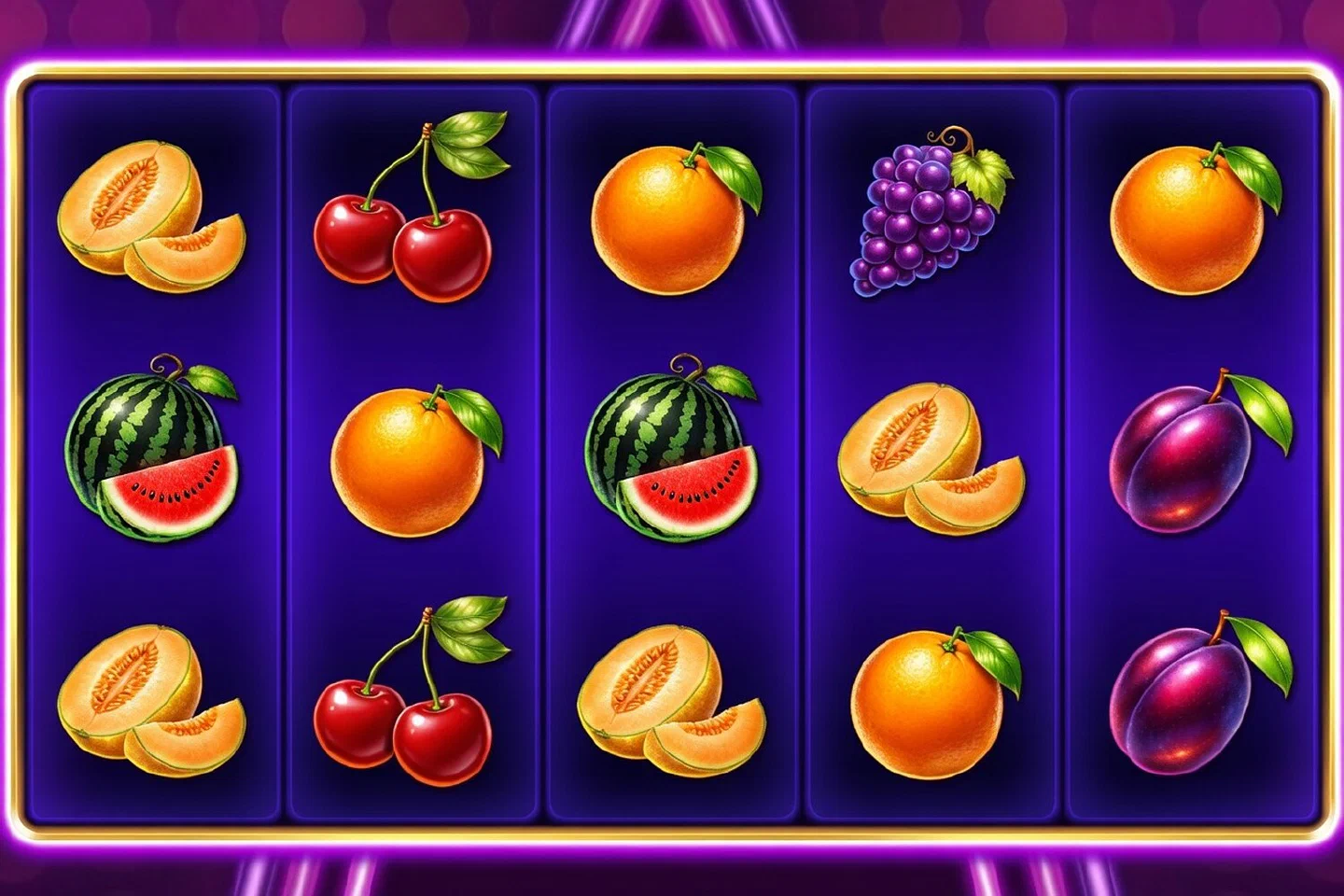 Hit Hot Fruit base game: cherries, grapes, plums and a Lucky 7 on five reels