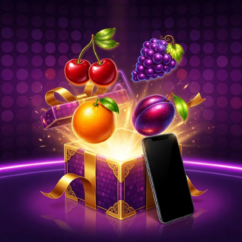 Hit Hot Fruit APK artwork: an Android phone rising from a crate of fruit and gold coins