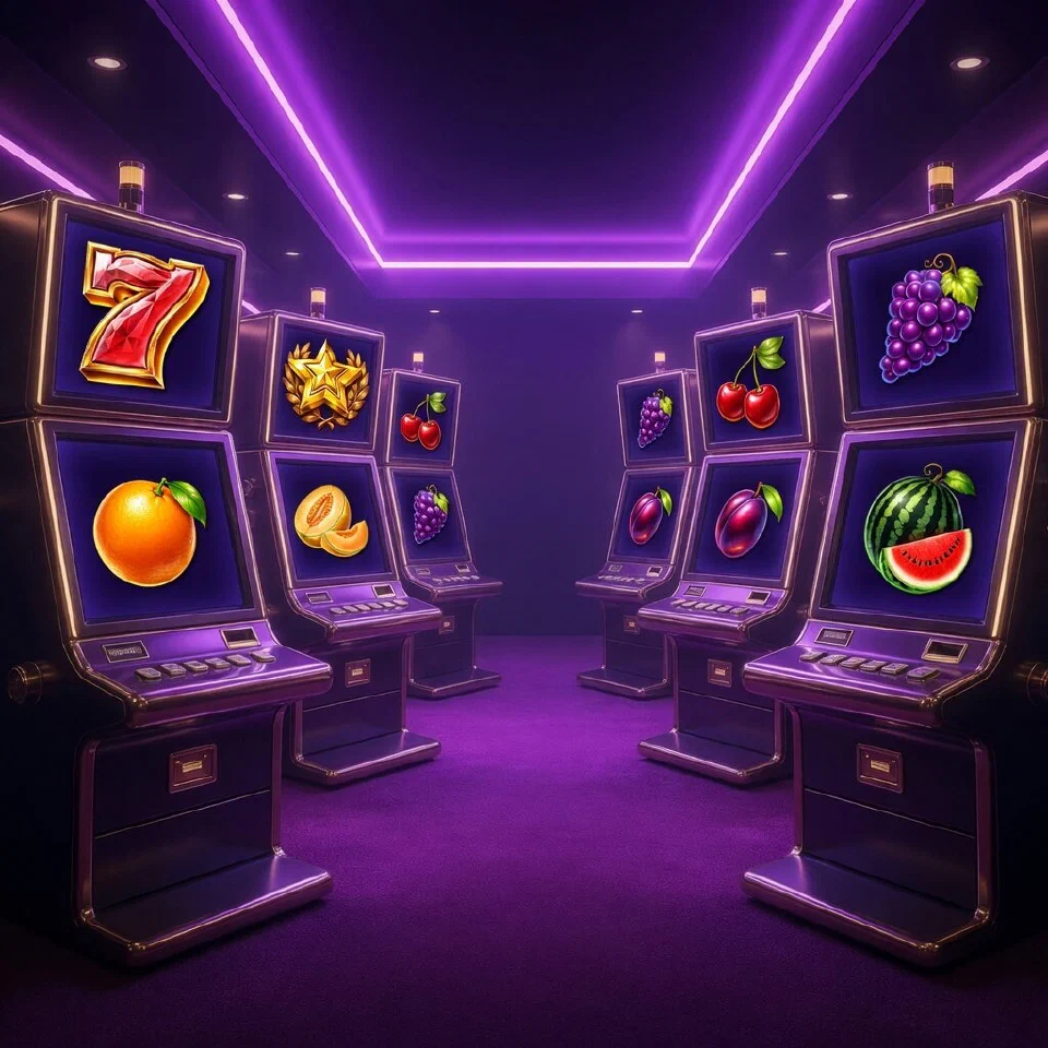 Casino hall with fruit reels and lucky sevens