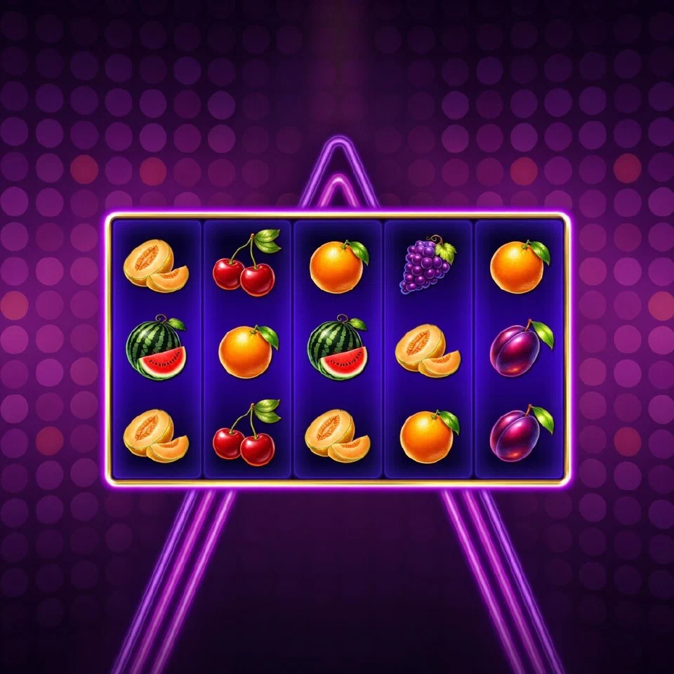 Hit Hot Fruit demo artwork: a slot screen of cherries and Lucky 7s glowing in neon