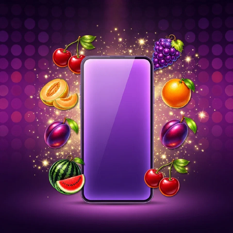 Hit Hot Fruit download artwork: a smartphone showing fruit reels and a Lucky 7