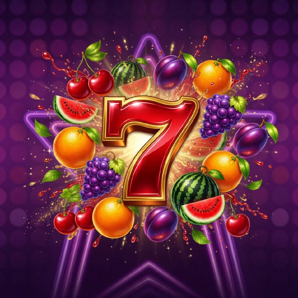 Hit Hot Fruit artwork: a glowing Lucky 7 surrounded by cherries, grapes and a gold star