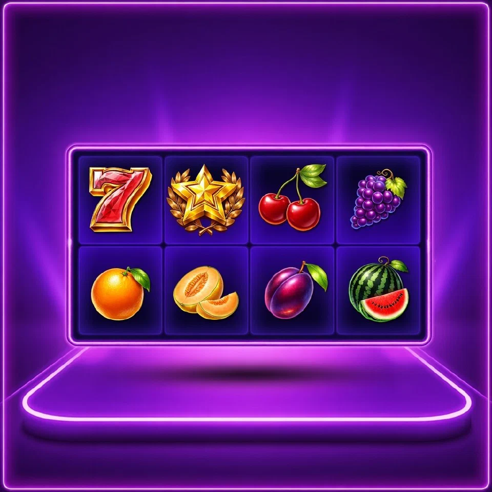 Hit Hot Fruit rules artwork: a row of cherries, grapes and oranges along a glowing payline