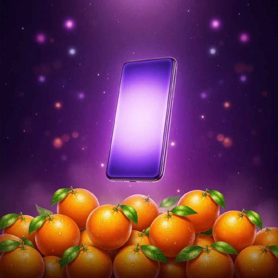 Hit Hot Fruit on iPhone: a phone in hand with fruit reels and a gold Star Scatter