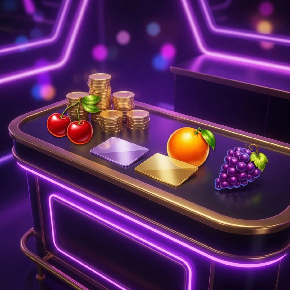 A neon-lit cashier counter with gold coins, blank payment cards, cherries, an orange and grapes