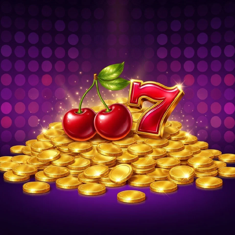 Hit Hot Fruit real-money artwork: gold coins spilling from a slot reel of cherries and Lucky 7s