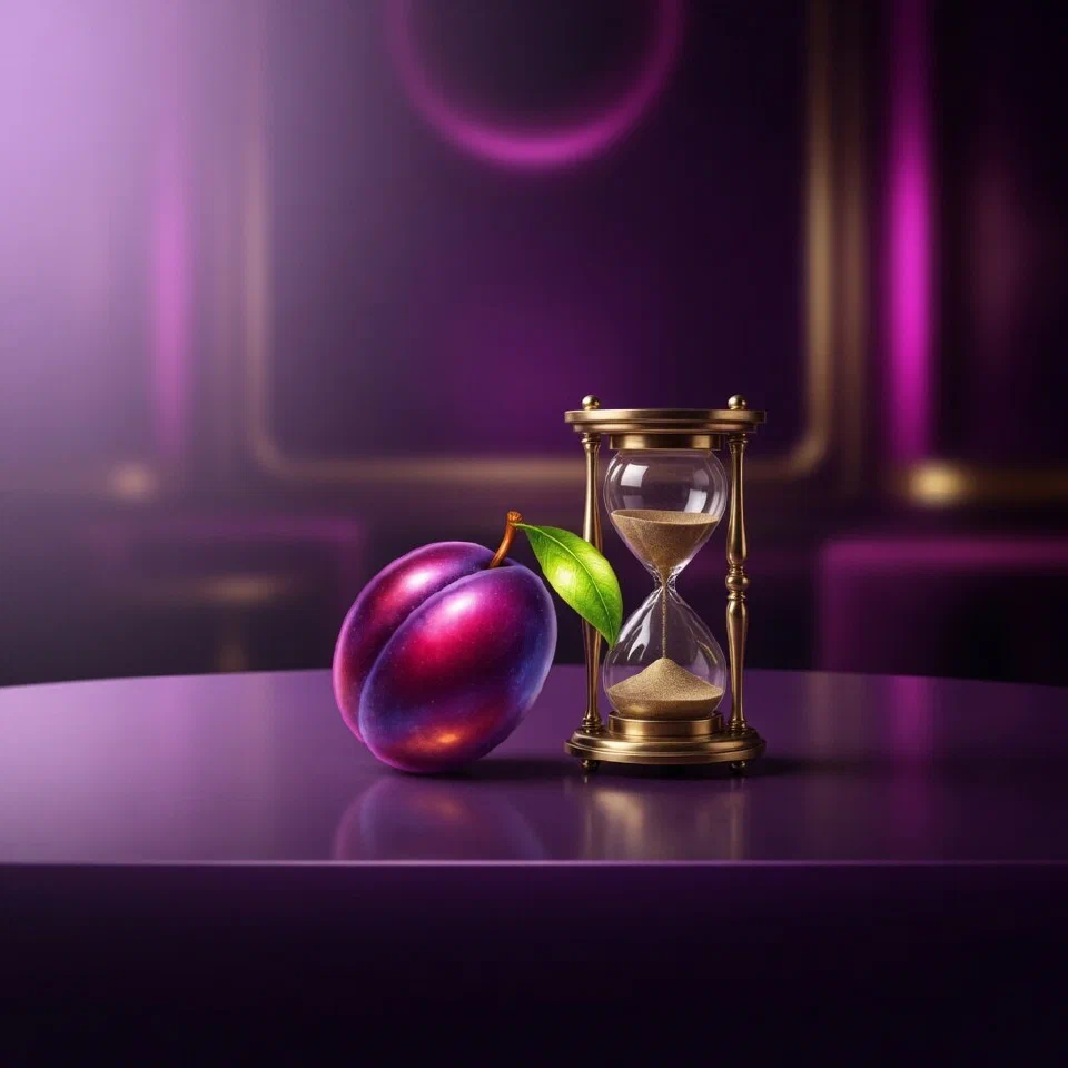 Hit Hot Fruit artwork: a calm bowl of cherries, plums and grapes beside an hourglass