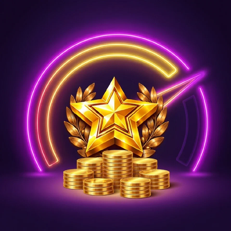 Hit Hot Fruit RTP artwork: a gauge with a Lucky 7 pointer over stacks of fruit coins