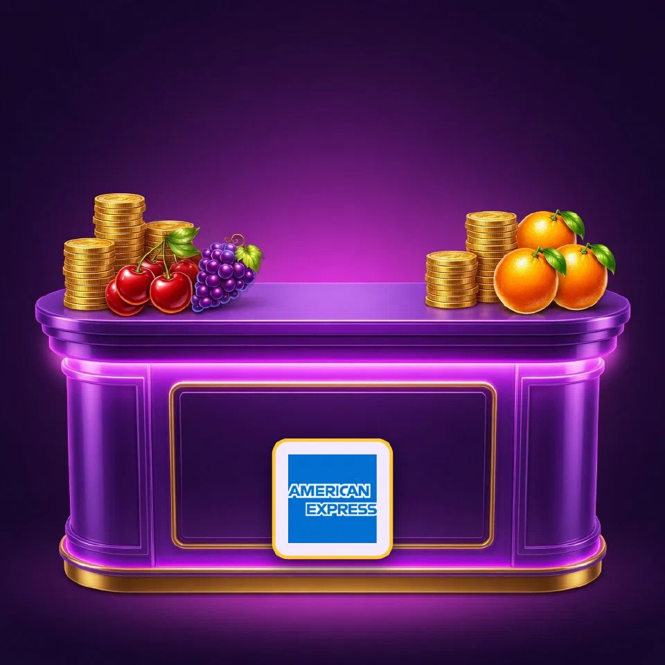 The blue American Express box logo above a neon cashier desk piled with coins and grapes