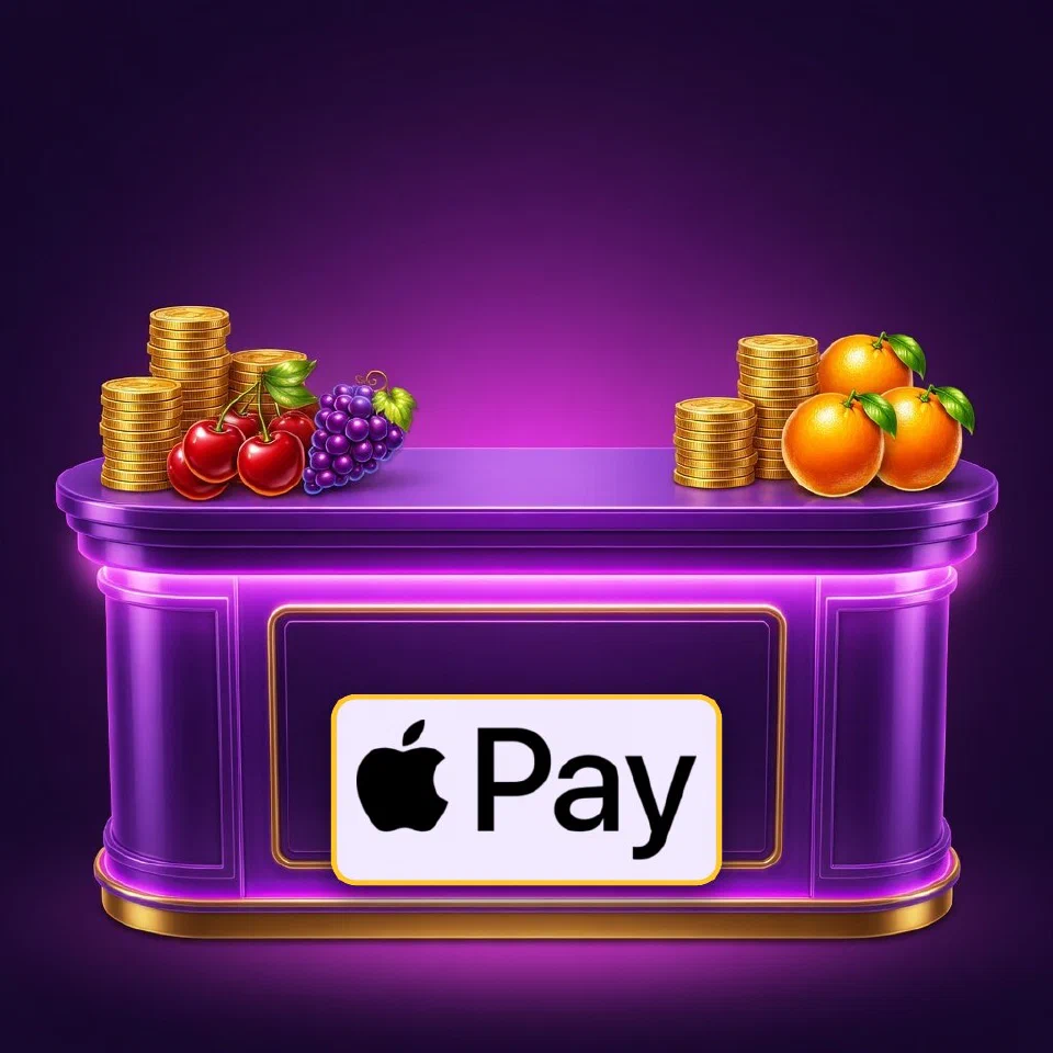 The Apple Pay mark on a violet neon cashier counter with coins, cherries and an orange