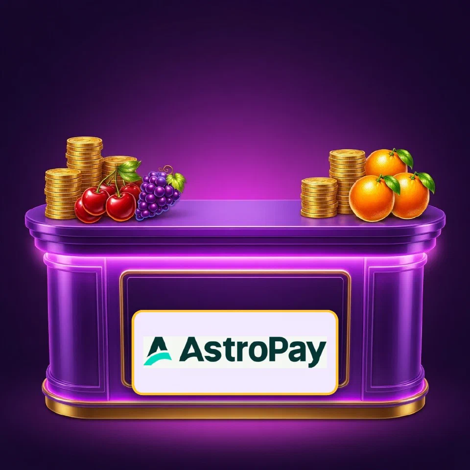 The AstroPay logo on a glowing violet cashier counter with stacked gold coins