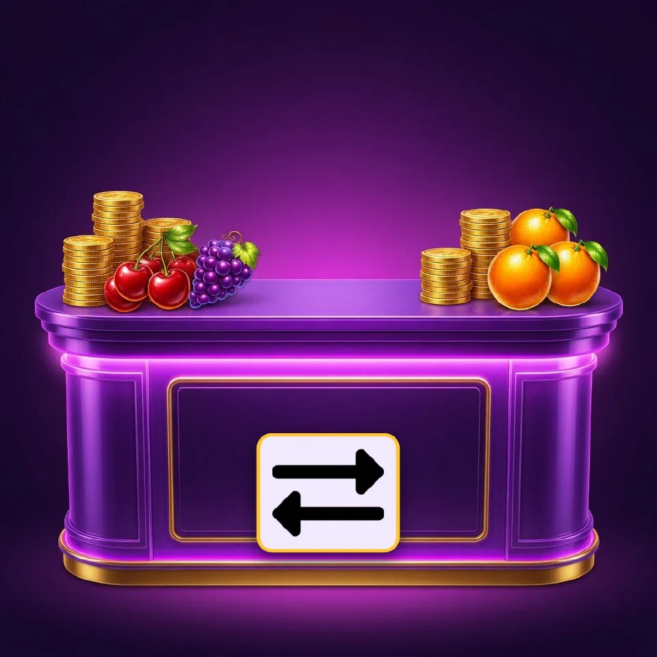 A bank building icon on a neon cashier desk with gold coins, cherries and grapes