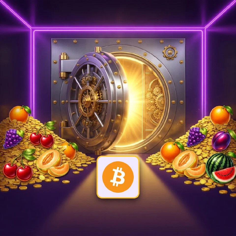 The orange Bitcoin symbol in front of an open vault with gold coins and glossy fruit