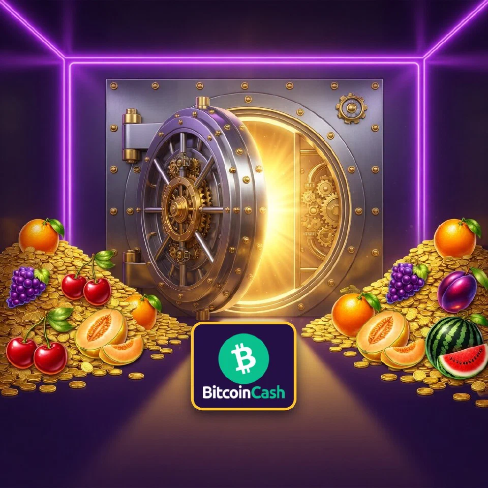 The green Bitcoin Cash logo glowing before a vault door opened on gold coins
