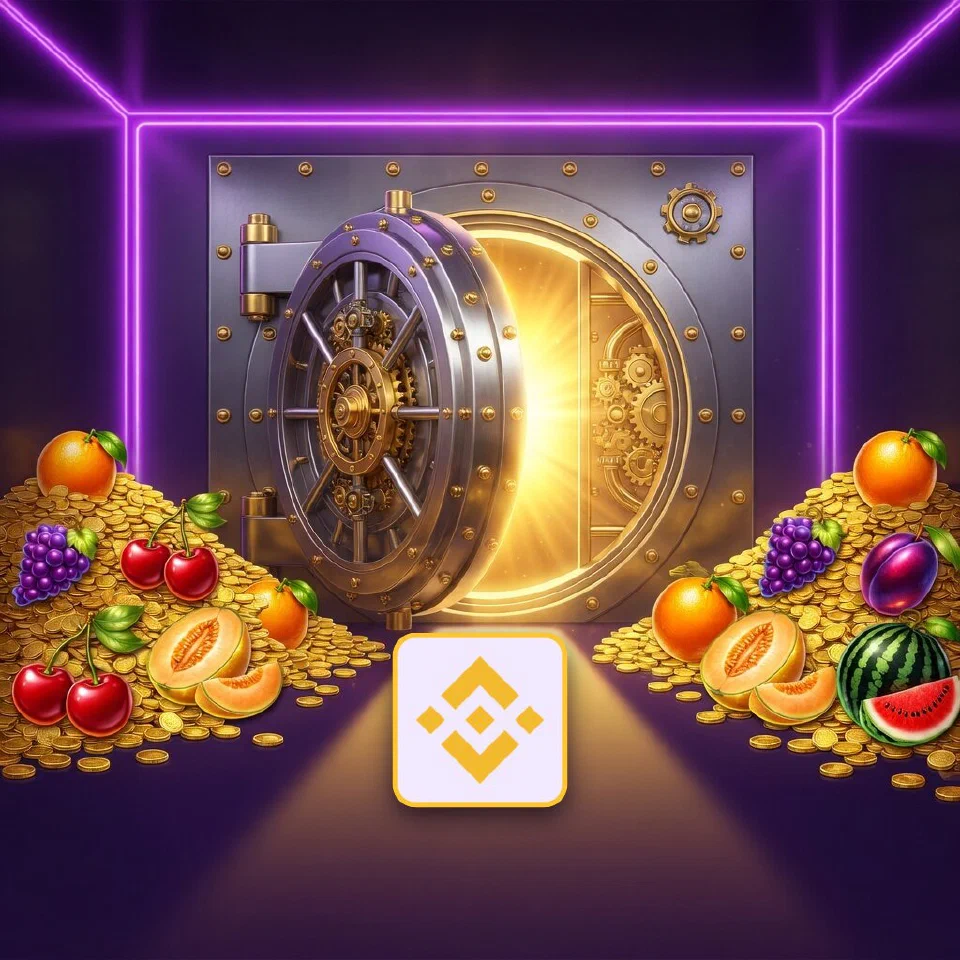 The yellow BNB emblem in front of an open vault with gold coins and oranges
