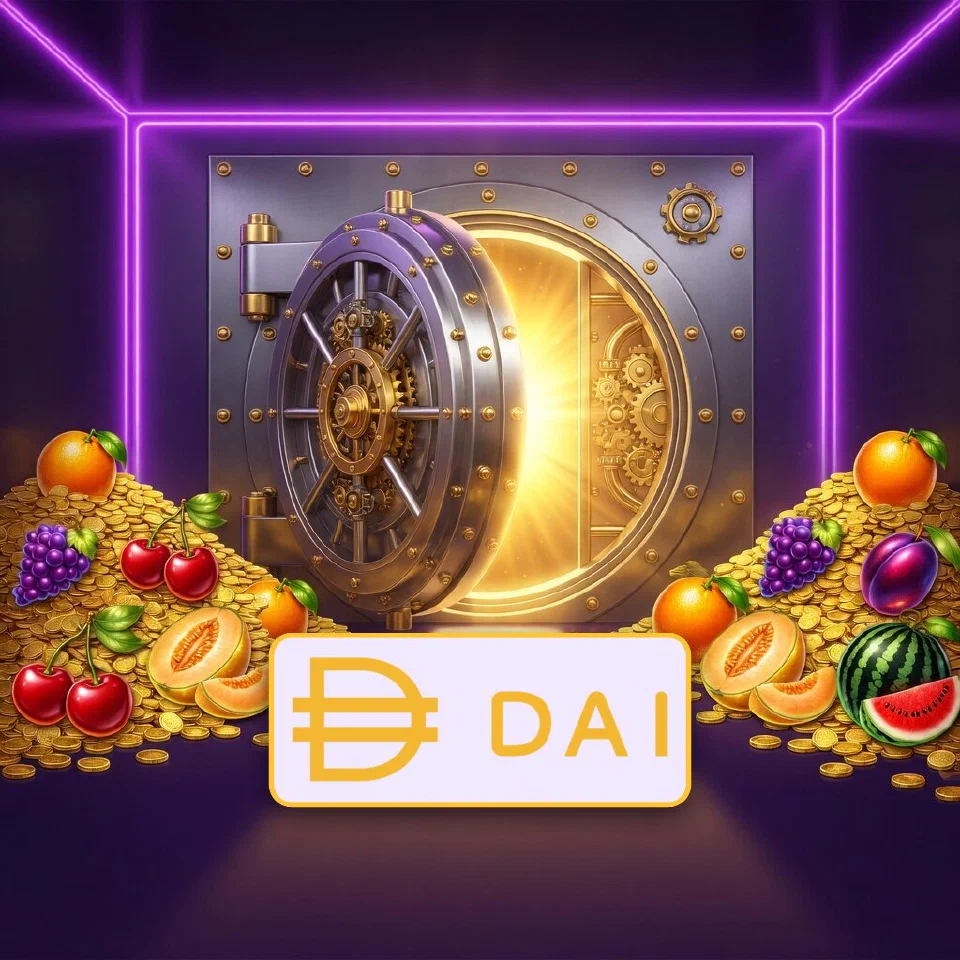 The yellow Dai symbol in front of a glowing vault full of coins and oranges