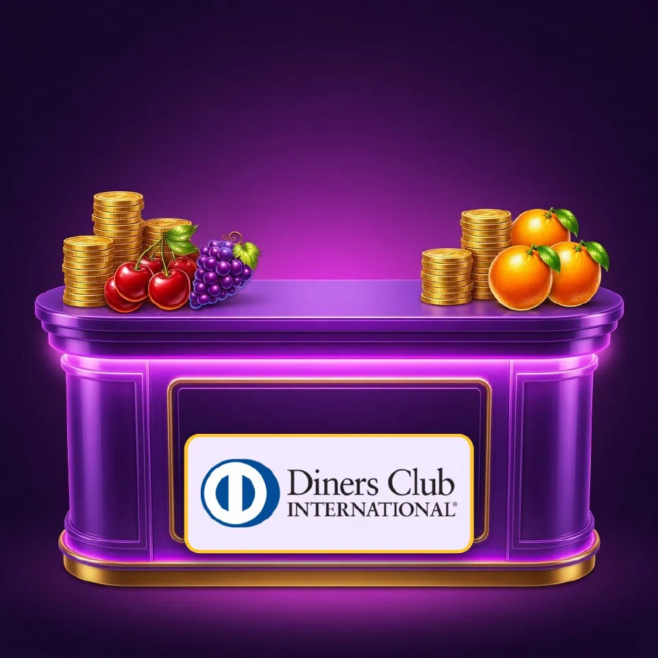 The Diners Club emblem glowing on a violet cashier desk lined with gold coins and fruit