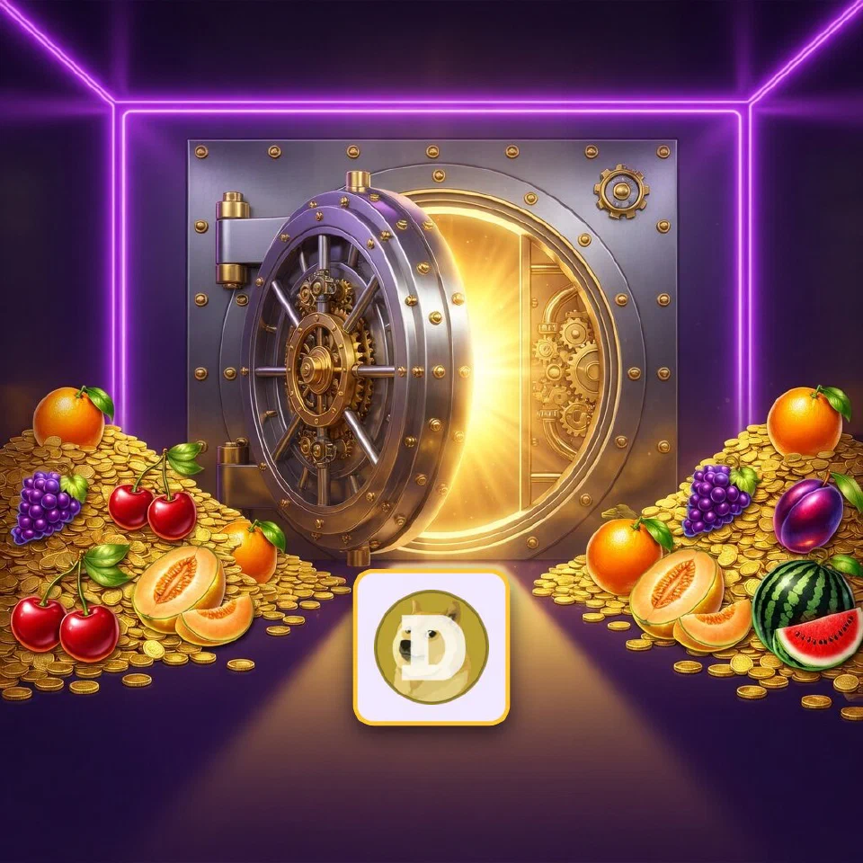 The gold Dogecoin coin glowing in front of an open vault with fruit and coin piles