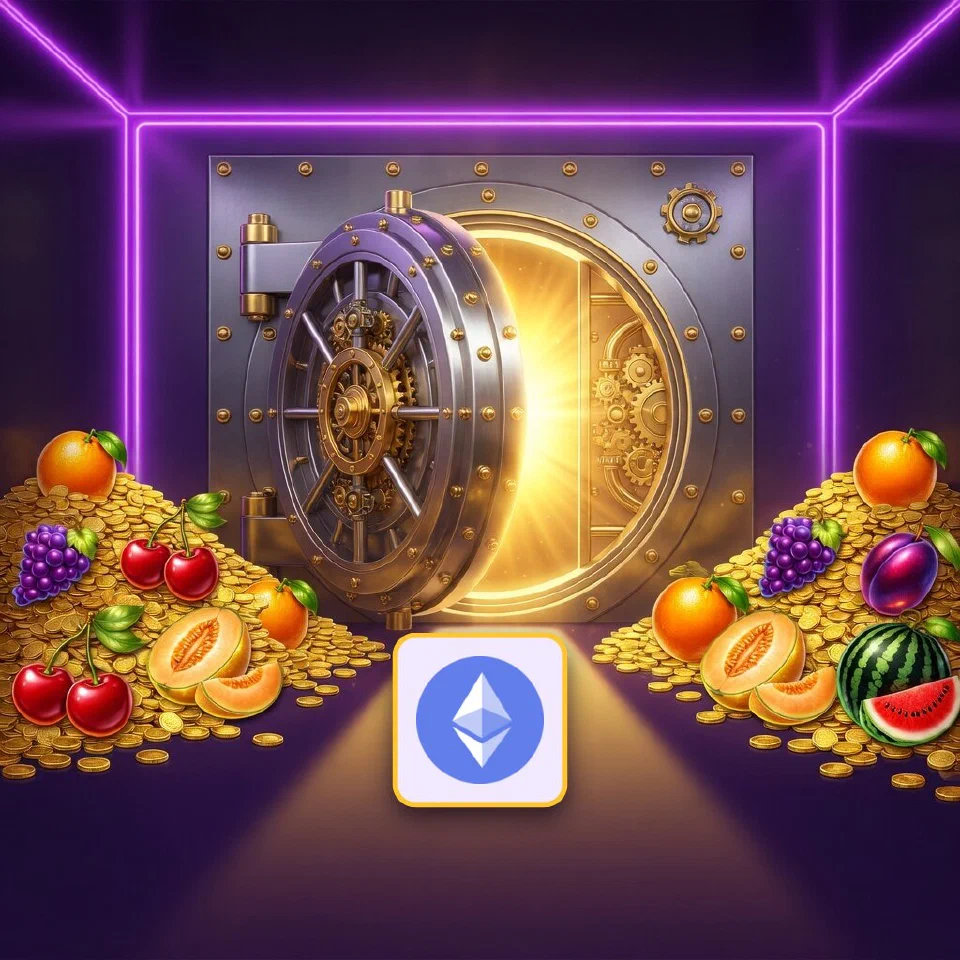 The Ethereum diamond glowing before an open vault filled with gold coins and fruit