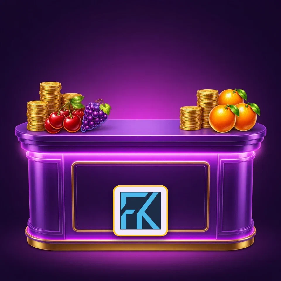 The FKwallet logo glowing on a neon cashier desk beside gold coins and a melon