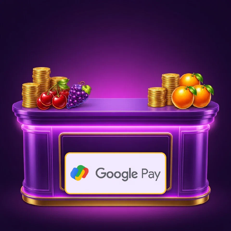 The Google Pay logo glowing over a neon cashier desk with grapes and coin stacks
