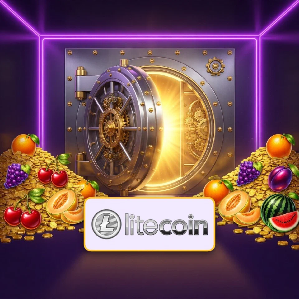 The silver Litecoin emblem shining before an open vault heaped with gold coins