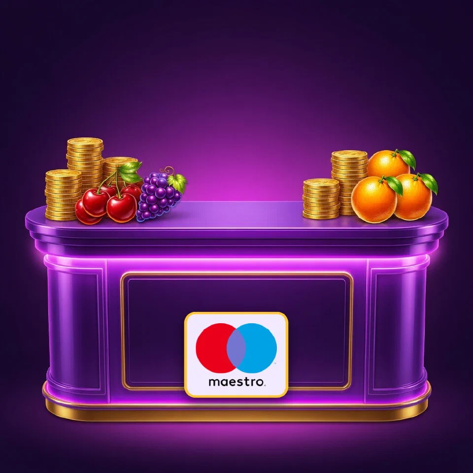 Maestro's red and blue circles on a glowing violet cashier counter with stacked coins