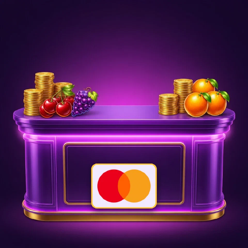 Mastercard's interlocking circles on a violet neon cashier desk beside gold coins and cherries