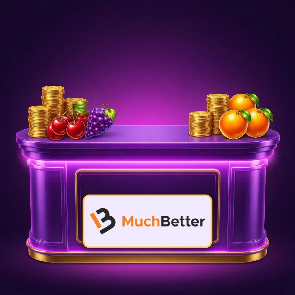The MuchBetter logo lit up above a neon cashier desk with fruit and gold coins