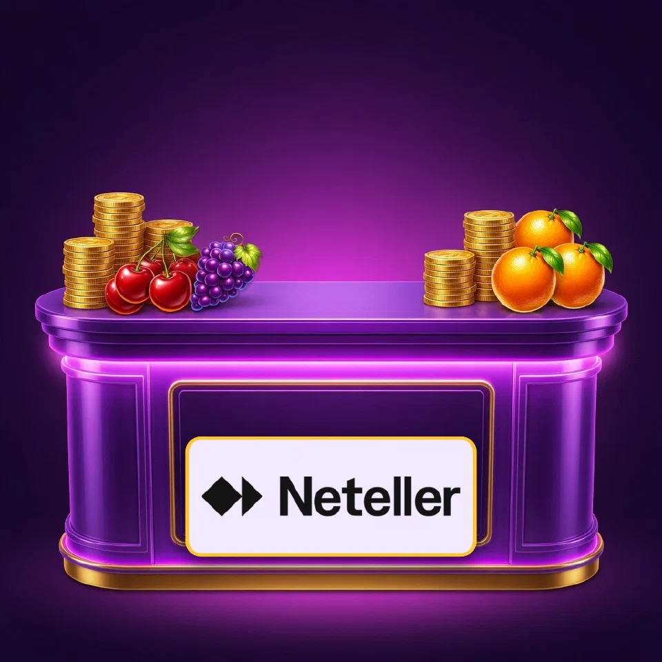 The green Neteller logo shining on a violet neon counter with coin stacks and an orange