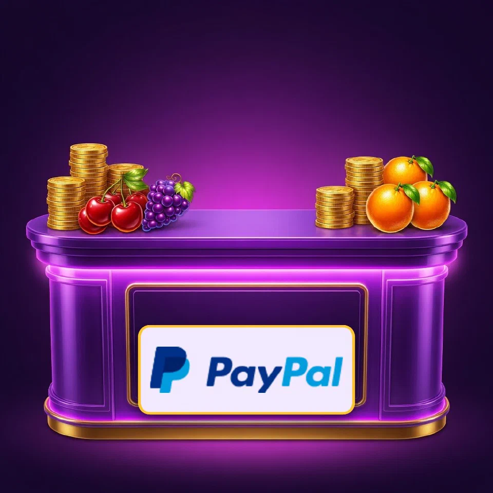 PayPal's blue double-P logo glowing on a neon violet desk with coins and grapes