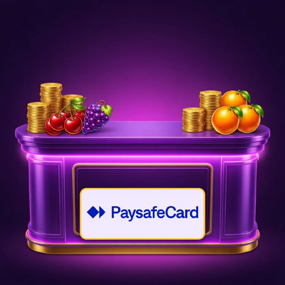 The Paysafecard logo on a neon cashier counter with stacks of coins and cherries