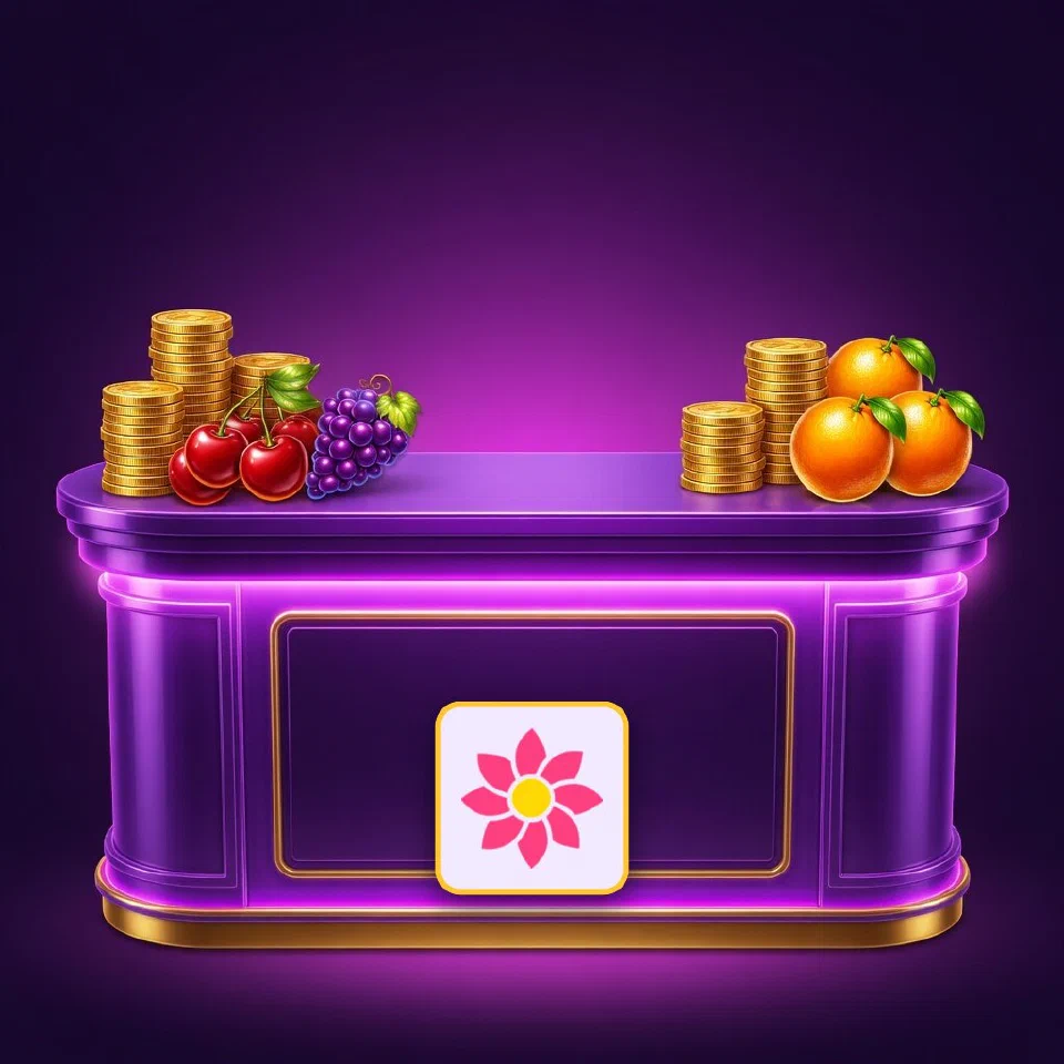 The Piastrix logo lit in neon above a violet cashier desk with coins and plums