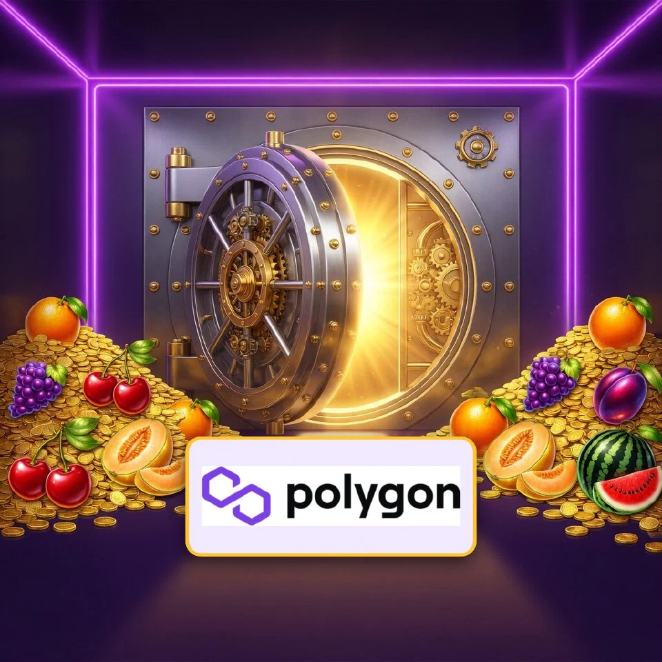 The purple Polygon logo glowing before an open vault of gold coins and grapes