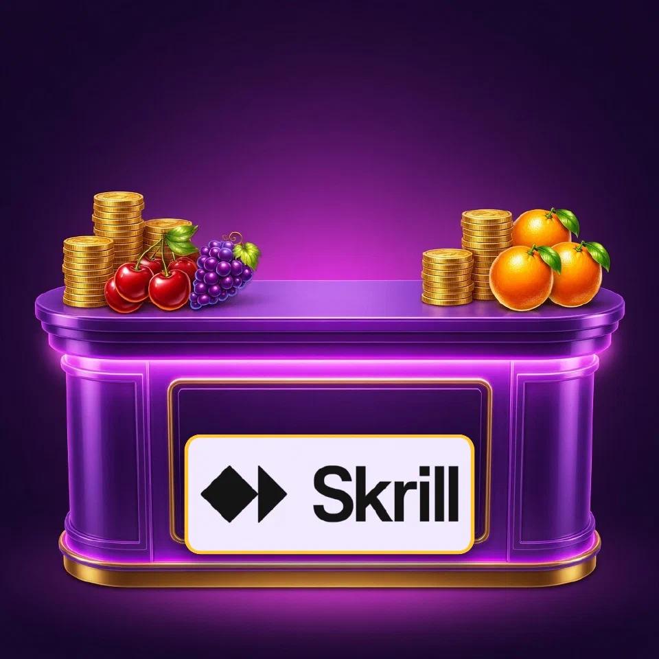 The purple Skrill wordmark on a neon cashier counter flanked by coins and grapes