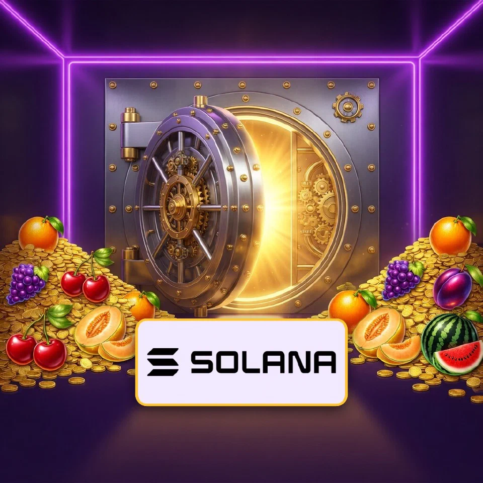 The violet-green Solana logo before an open vault shining with gold coins