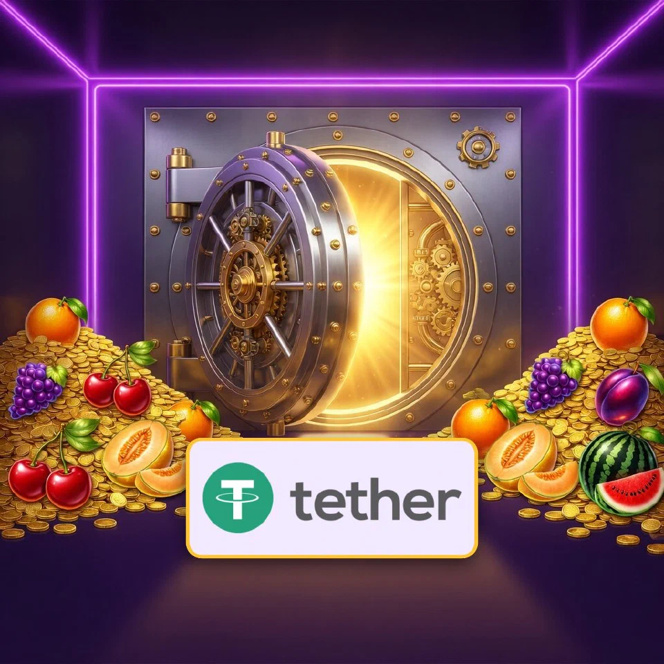 The green Tether T symbol glowing before a vault door opening onto piles of gold coins