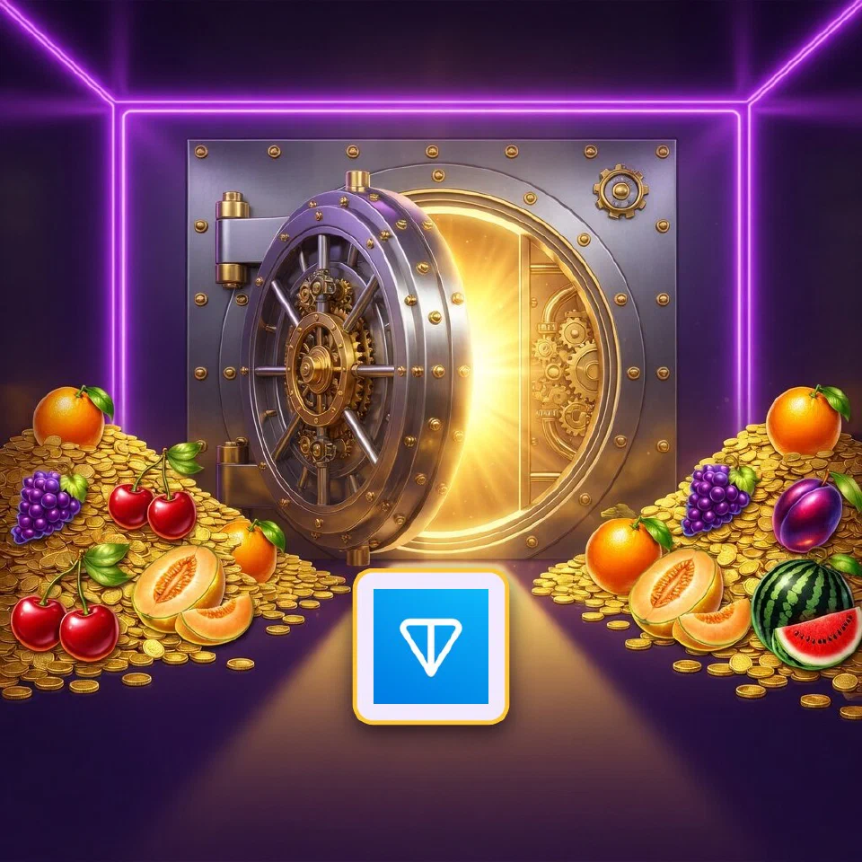 The blue TON diamond glowing in front of an open vault with coins and glossy fruit