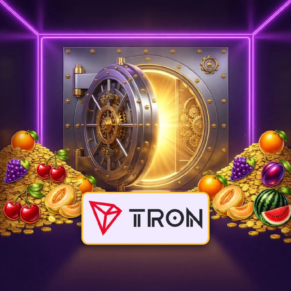 The red TRON logo before an open vault glowing with gold coins and cherries