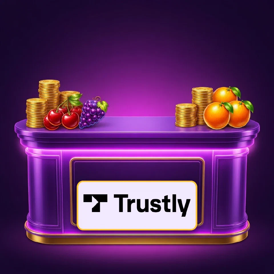The green Trustly logo on a neon cashier counter beside gold coins and a watermelon