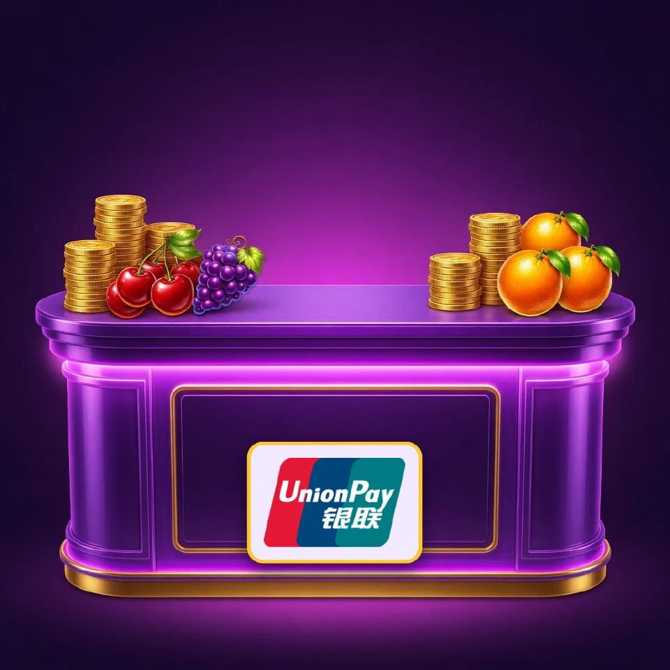 The UnionPay logo on a violet neon desk surrounded by gold coin stacks and cherries