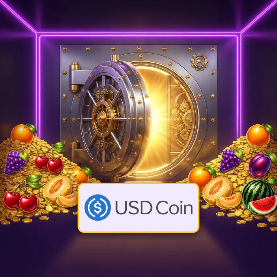 The blue USD Coin emblem glowing before a vault door opening on coins and grapes