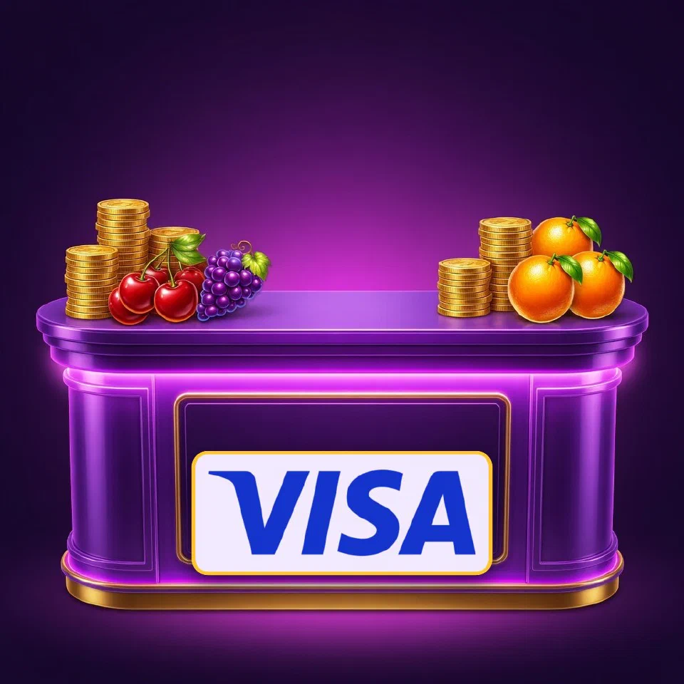The Visa logo on a neon violet cashier desk with gold coins and glossy fruit
